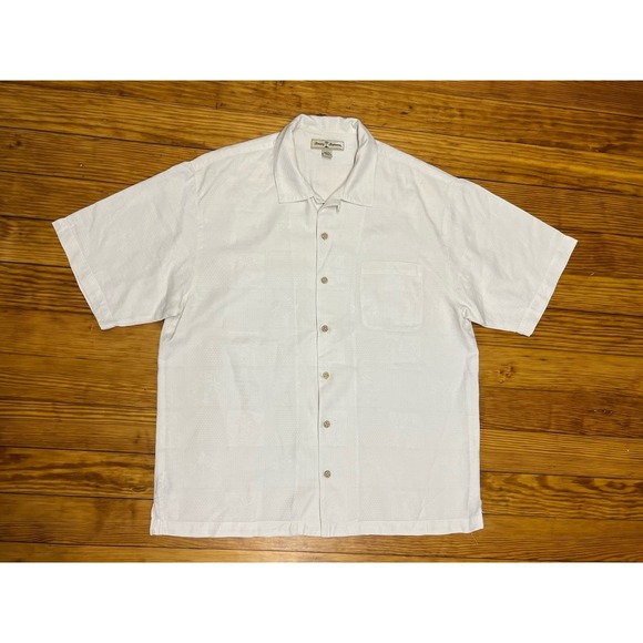 Tommy Bahama Loop Collar Men Short Sleeve Hawaiian Shirt Beige 100% Silk Large - Picture 2 of 8